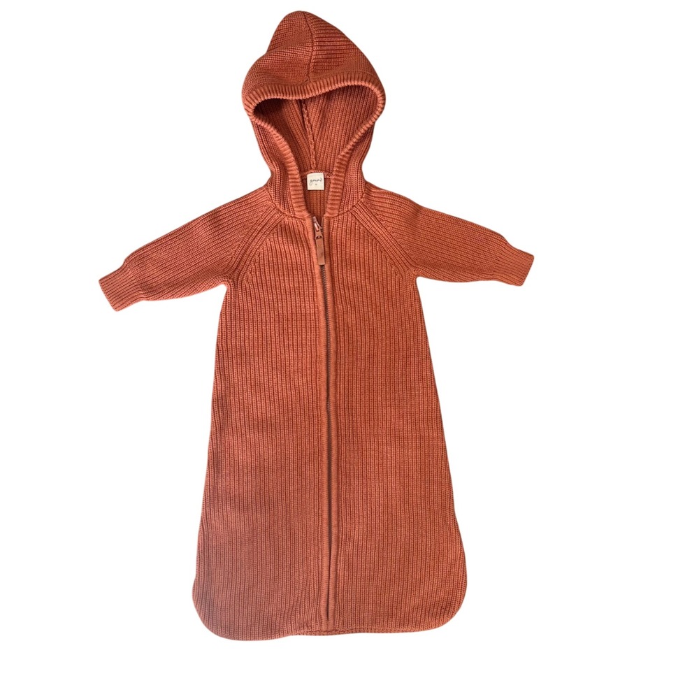 Goumi Kids Rust Organic Cotton Ribbed Knit Hooded Sleep Sac Wearable Blanket S